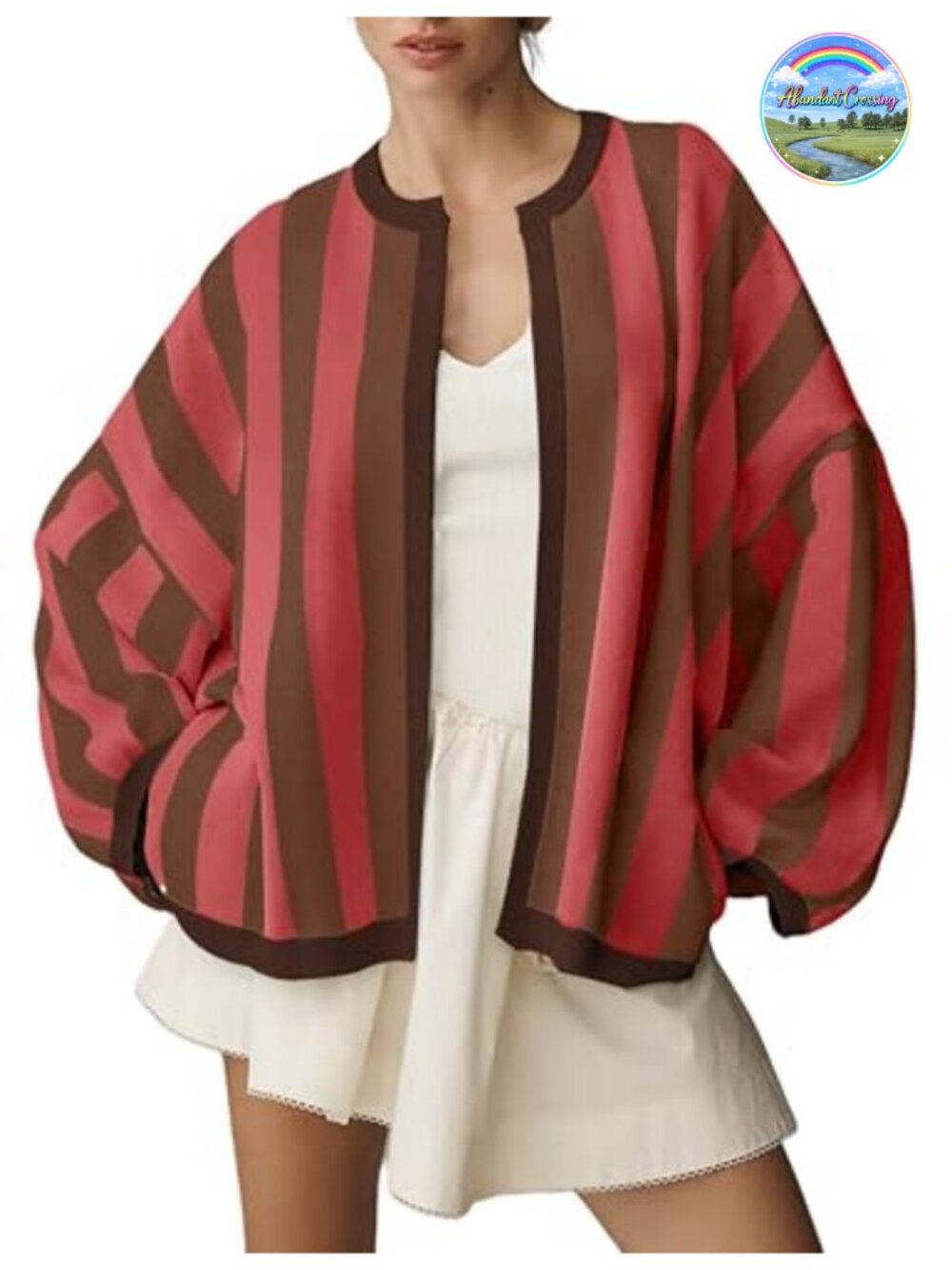 Womens Loose Fit Striped Long Balloon Sleeve Open Front Knit Cardigan